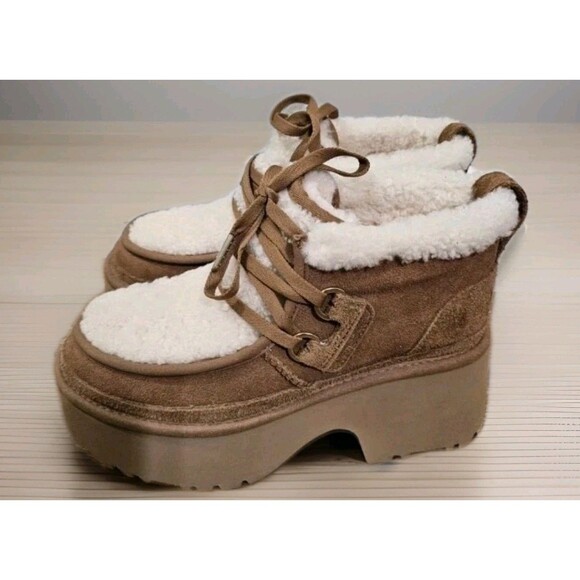 New UGG CLASSIC NEW HEIGHTS SHEARLING LACE UP CHESTNUT SUEDE WOMEN'S BOOTS US 9 - Picture 1 of 14